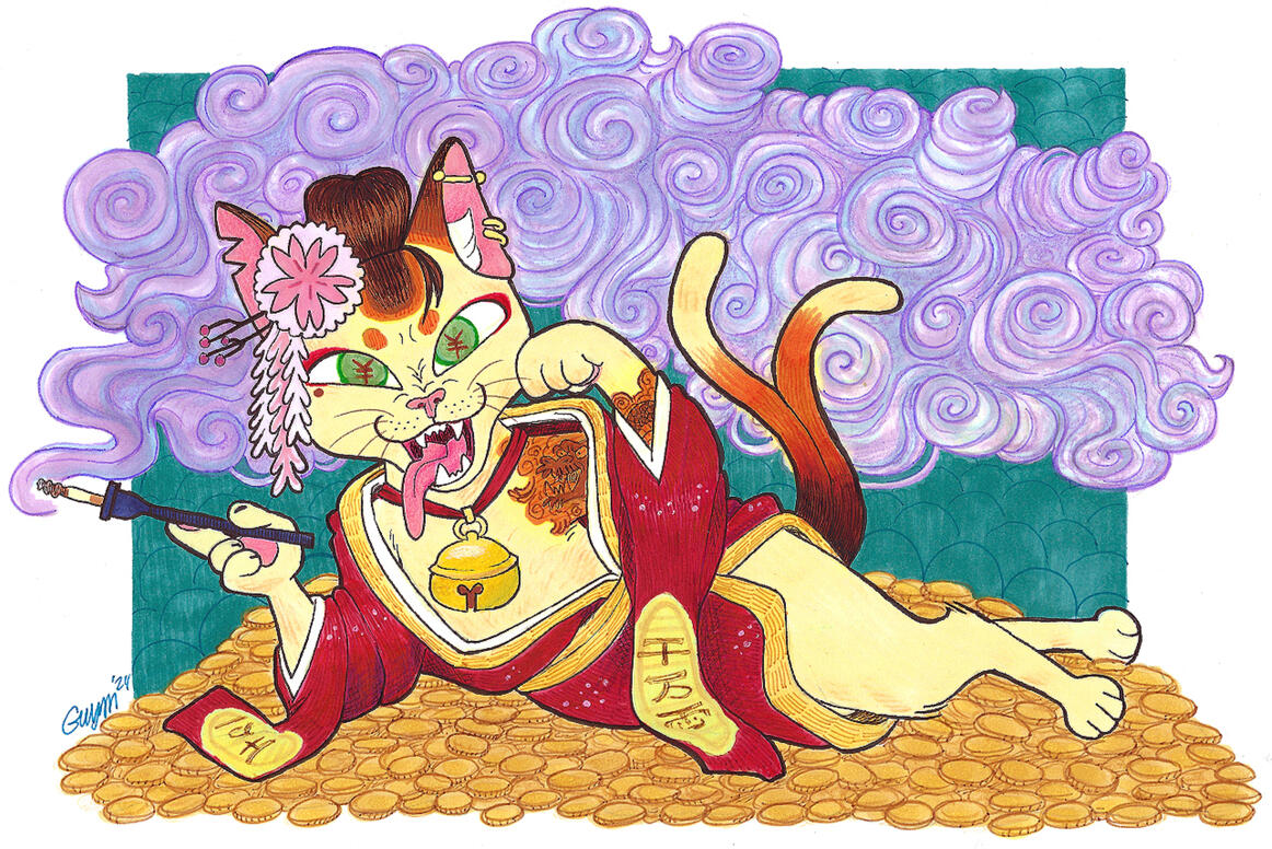 &quot;Bakekonekineko&quot; Traditional mixed media (marker, prisma colored pencil, pigma) on bristol board, 2024