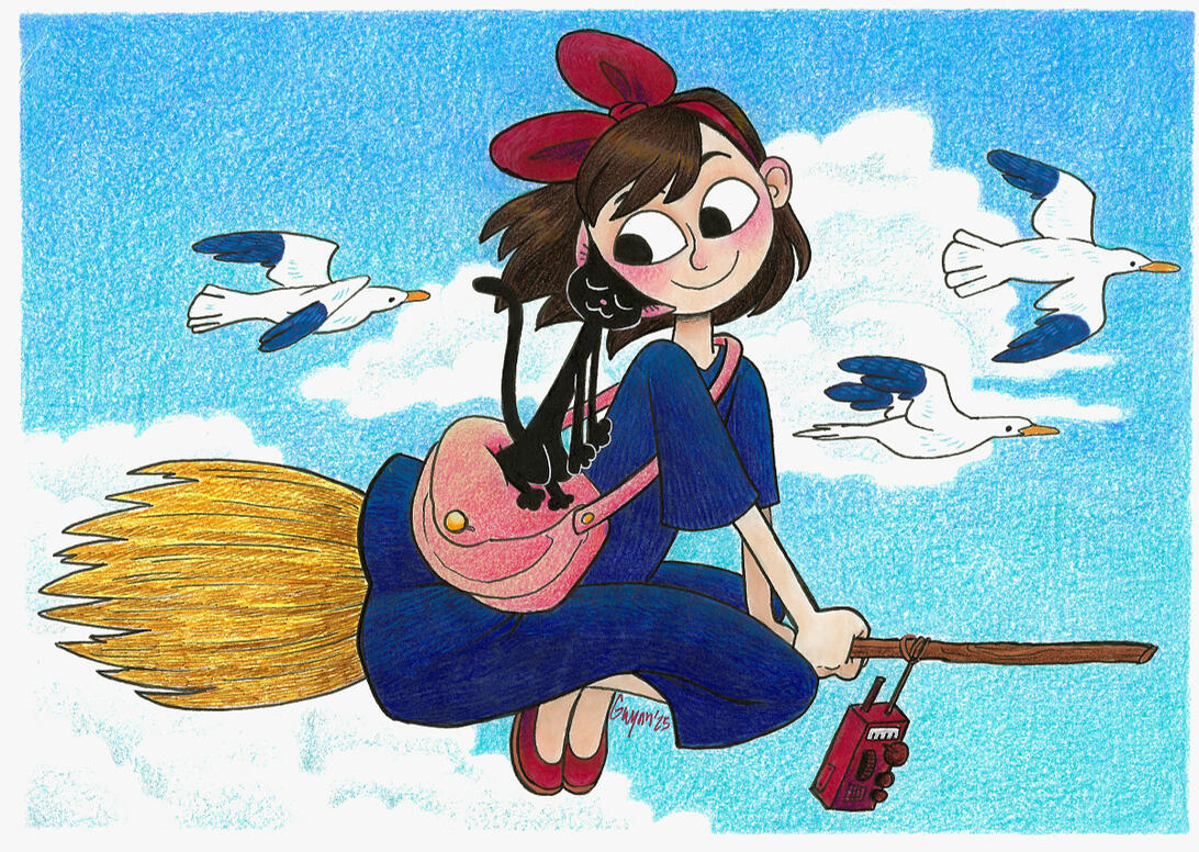 Kiki&#39;s Delivery Service, Traditional mixed media (prisma colored pencil, copic marker, pigma), on bristol board, 2025