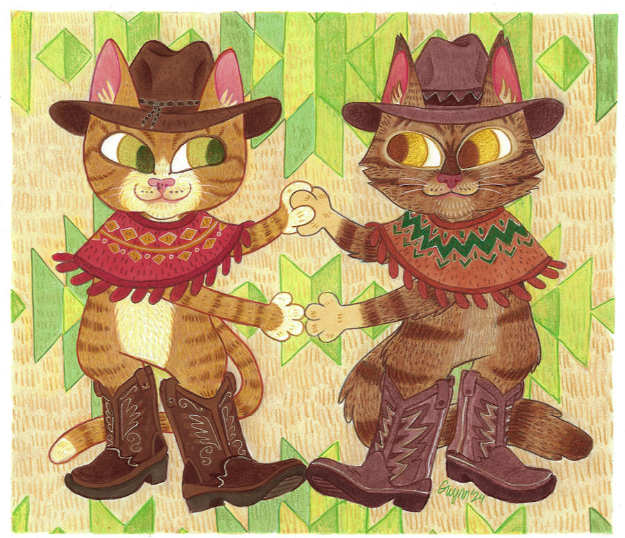 &quot;Meowdy Partner!&quot; Traditional Mixed Media (copic marker, prisma colored pencil, pigma) on bristol board, 2024